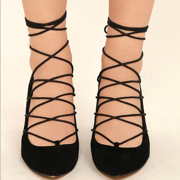 Black Suede/Leather Lace-Up Mary Jane Heels Pump - Picture 4 of 6